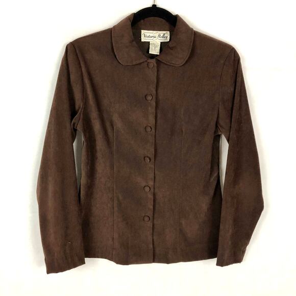 Faux Suede Button Front Shirt Brown Victoria Halley size 4 petite - Picture 1 of 5